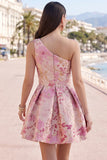 Pink Floral A Line One Shoulder Short Homecoming Dress