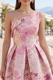 Pink Floral A Line One Shoulder Short Homecoming Dress