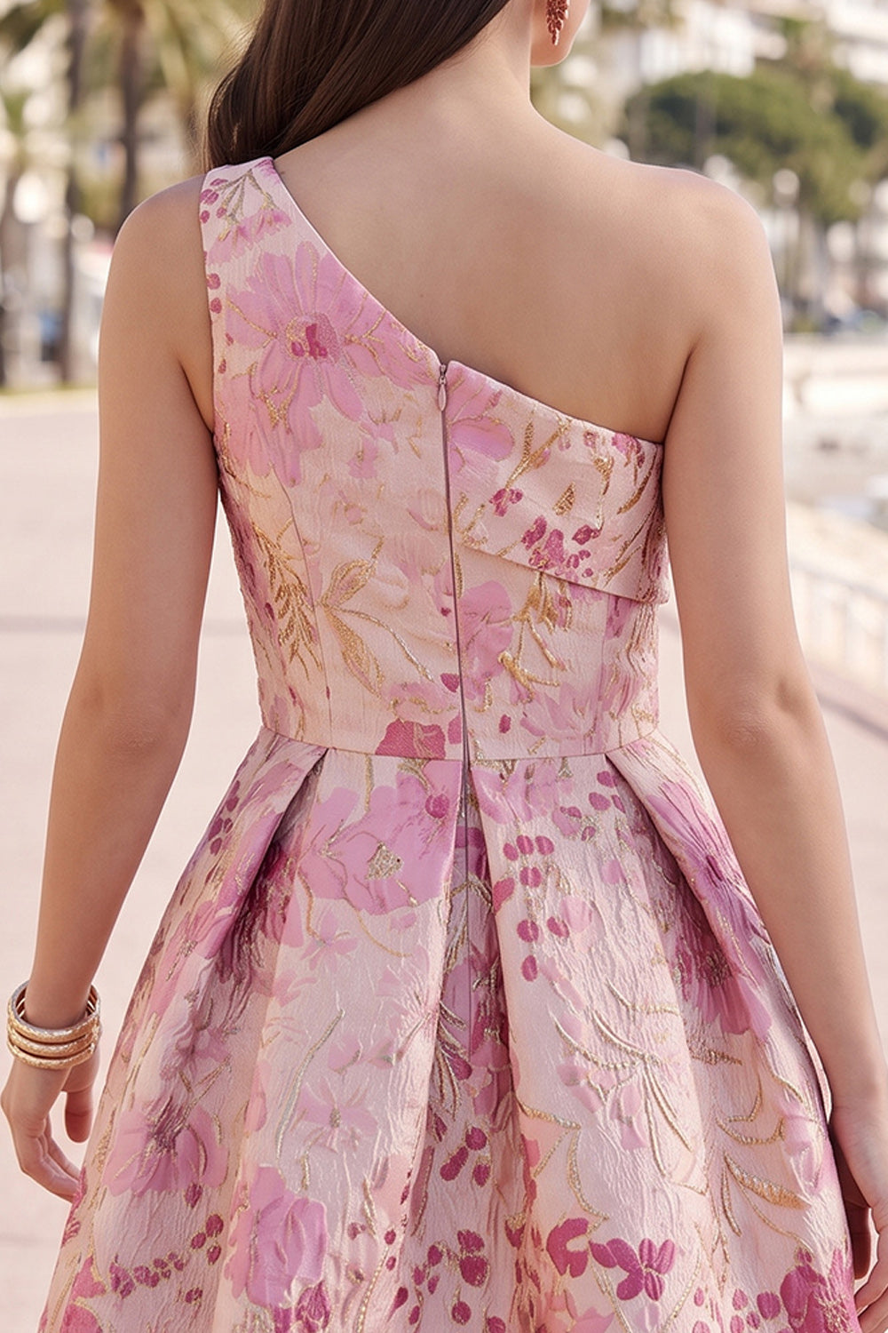 Pink Floral A Line One Shoulder Short Homecoming Dress