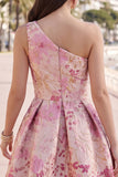 Pink Floral A Line One Shoulder Short Homecoming Dress