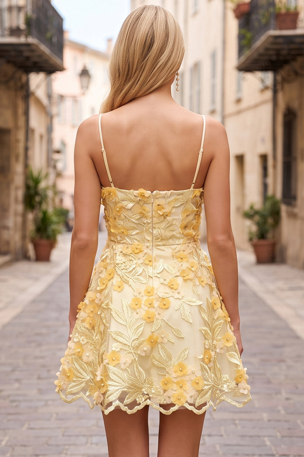 Yellow Floral A Line Lace Short Homecoming Dress with Pearls