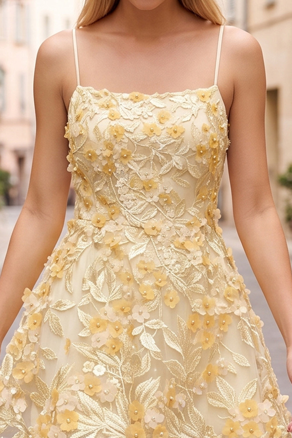 Yellow Floral A Line Lace Short Homecoming Dress with Pearls