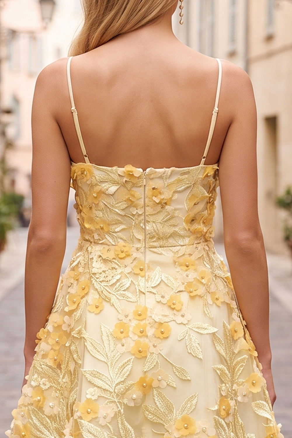 Yellow Floral A Line Lace Short Homecoming Dress with Pearls
