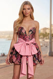 Black Pink Flower A Line Sweetheart Bubble Short Homecoming Dress with Bow