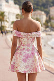 Pink Floral A Line Off The Shoulder Short Homecoming Dress