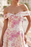 Pink Floral A Line Off The Shoulder Short Homecoming Dress