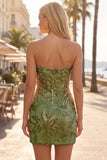 Sparkly Green Floral Tight Sequin Ruched Short Homecoming Dress