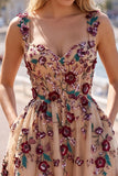 Sparkly Champagne Floral Sequin A Line Short Homecoming Dress with Pockets