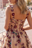 Sparkly Champagne Floral Sequin A Line Short Homecoming Dress with Pockets