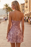 Sparkly Blush Floral A Line Sequin Short Homecoming Dress