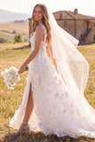 Floral White A-Line Corset Sweep Train Wedding Dress with Slit
