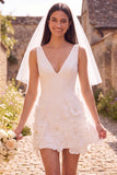 White Floral A Line V-Neck Short Wedding Dress