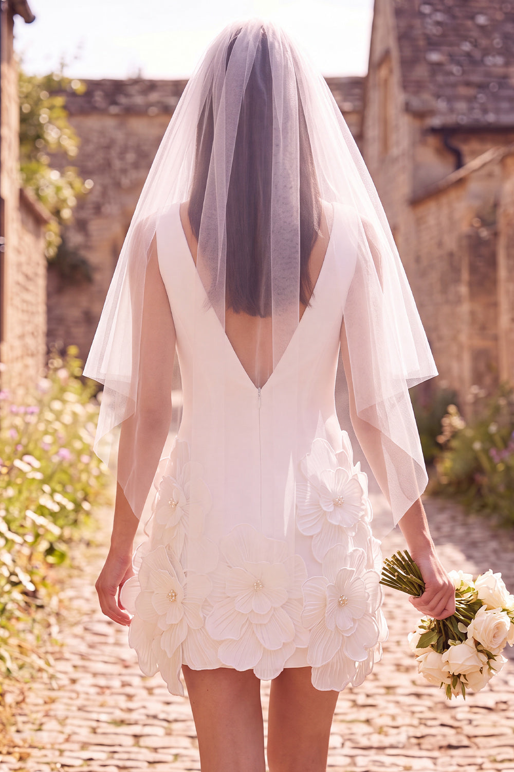 White Floral A Line V-Neck Short Wedding Dress