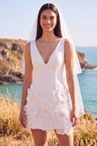 White Floral A Line V-Neck Short Wedding Dress