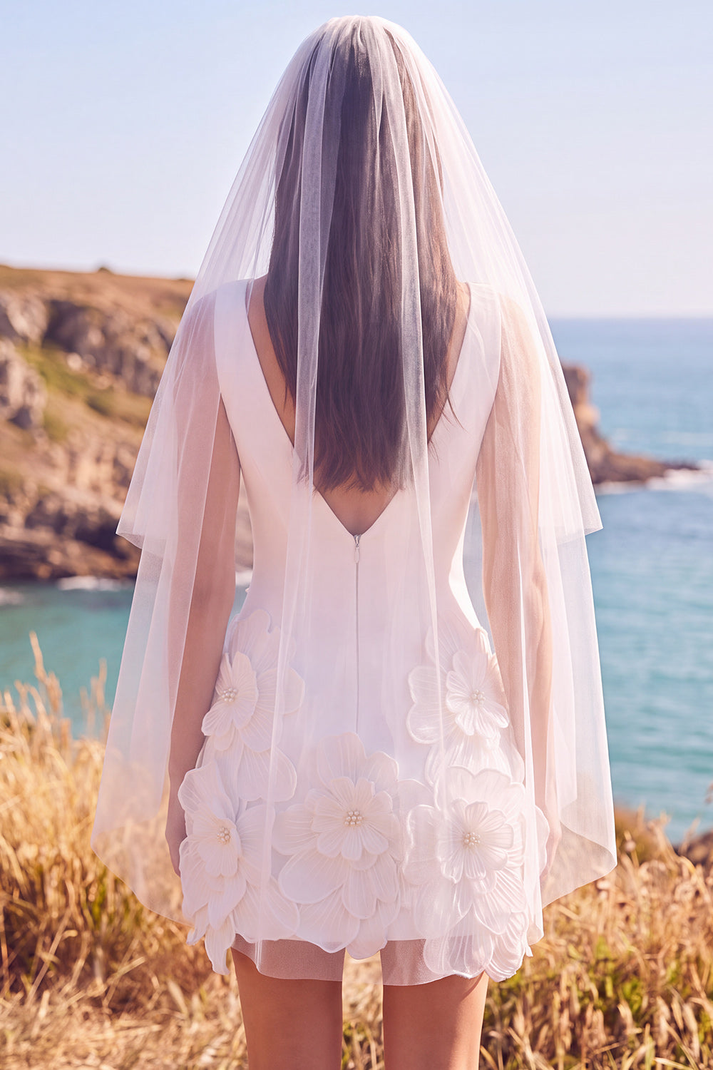 White Floral A Line V-Neck Short Wedding Dress