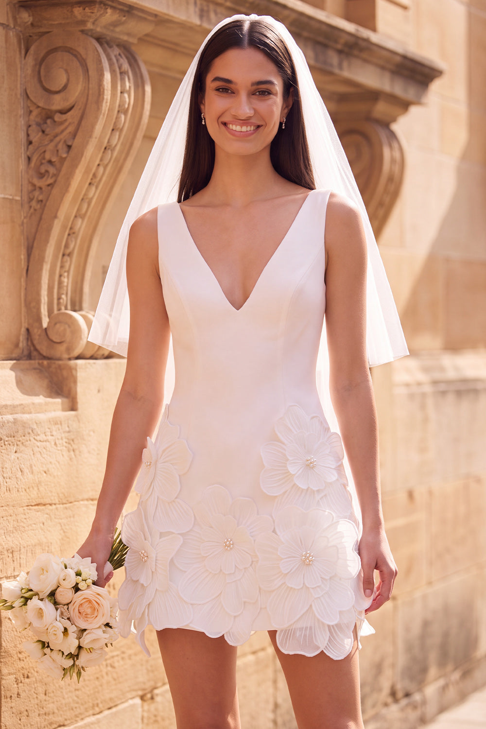 White Floral A Line V-Neck Short Wedding Dress