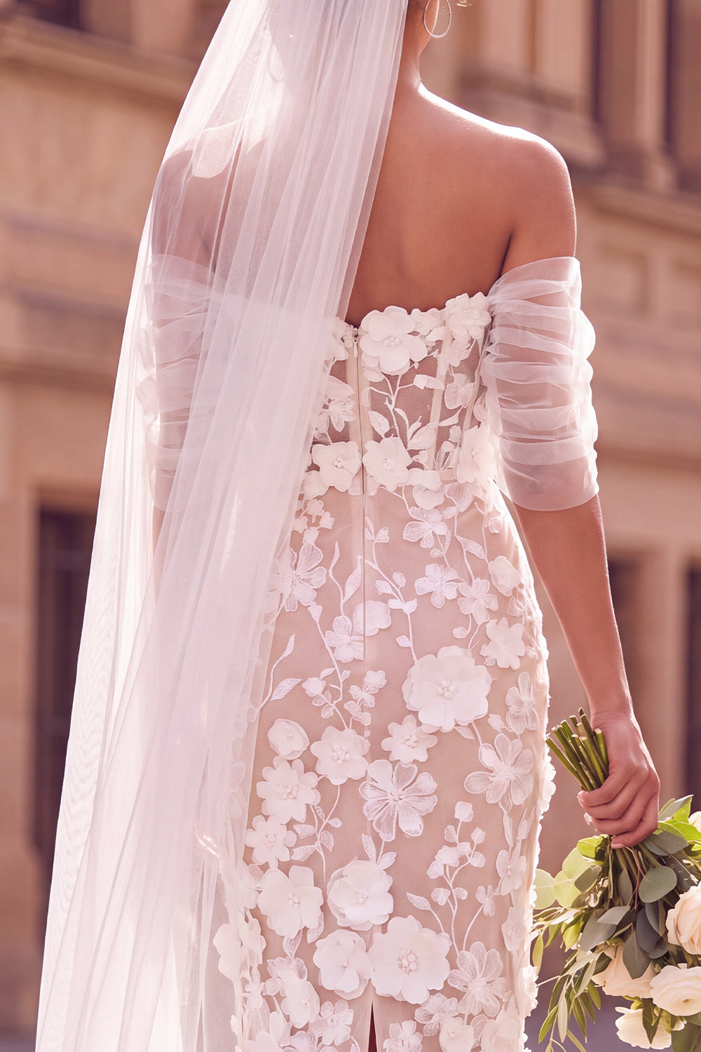 Floral White Off the Shoulder Bodycon Midi Wedding Dress