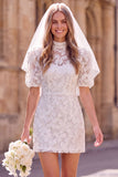 White Floral Bodycon High Neck Short Boho Wedding Dress with Sleeves