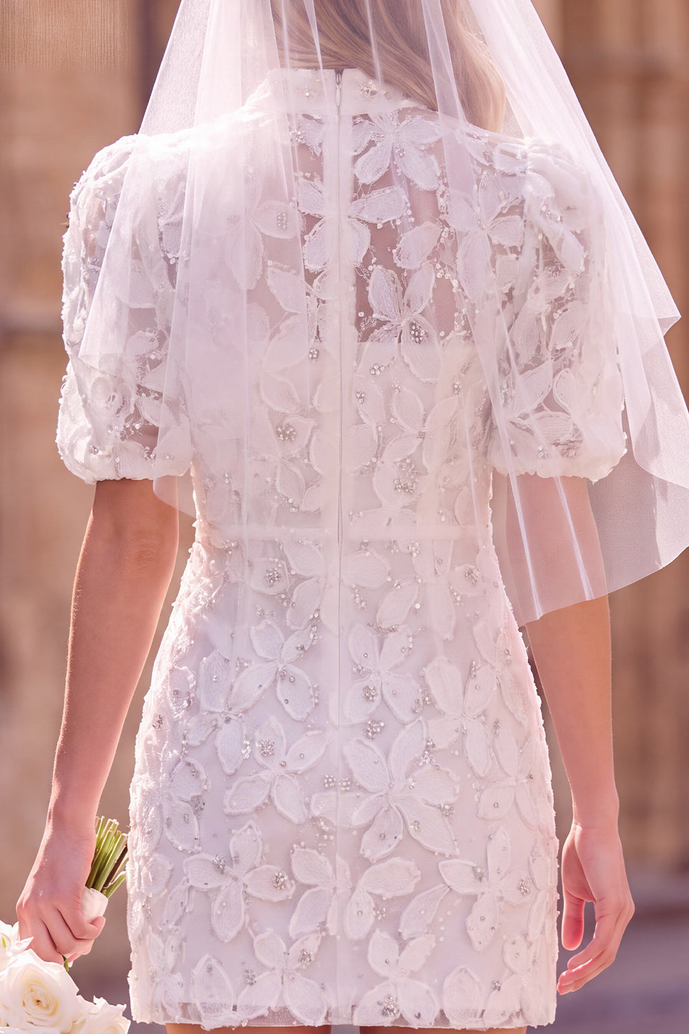 White Floral Bodycon High Neck Short Boho Wedding Dress with Sleeves