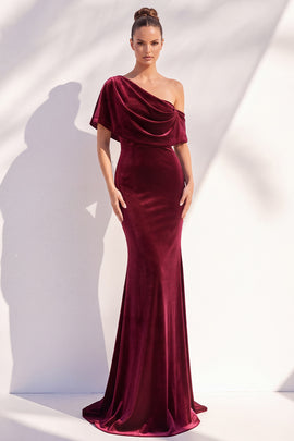 Burgundy Mermaid Velvet One Shoulder Long Formal Dress with Sleeves