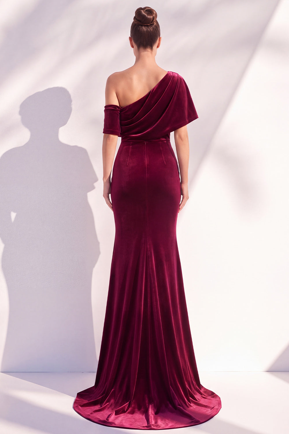 Burgundy Mermaid Velvet One Shoulder Long Formal Dress with Sleeves