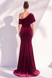 Burgundy Mermaid Velvet One Shoulder Long Formal Dress with Sleeves