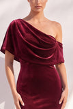 Burgundy Mermaid Velvet One Shoulder Long Formal Dress with Sleeves