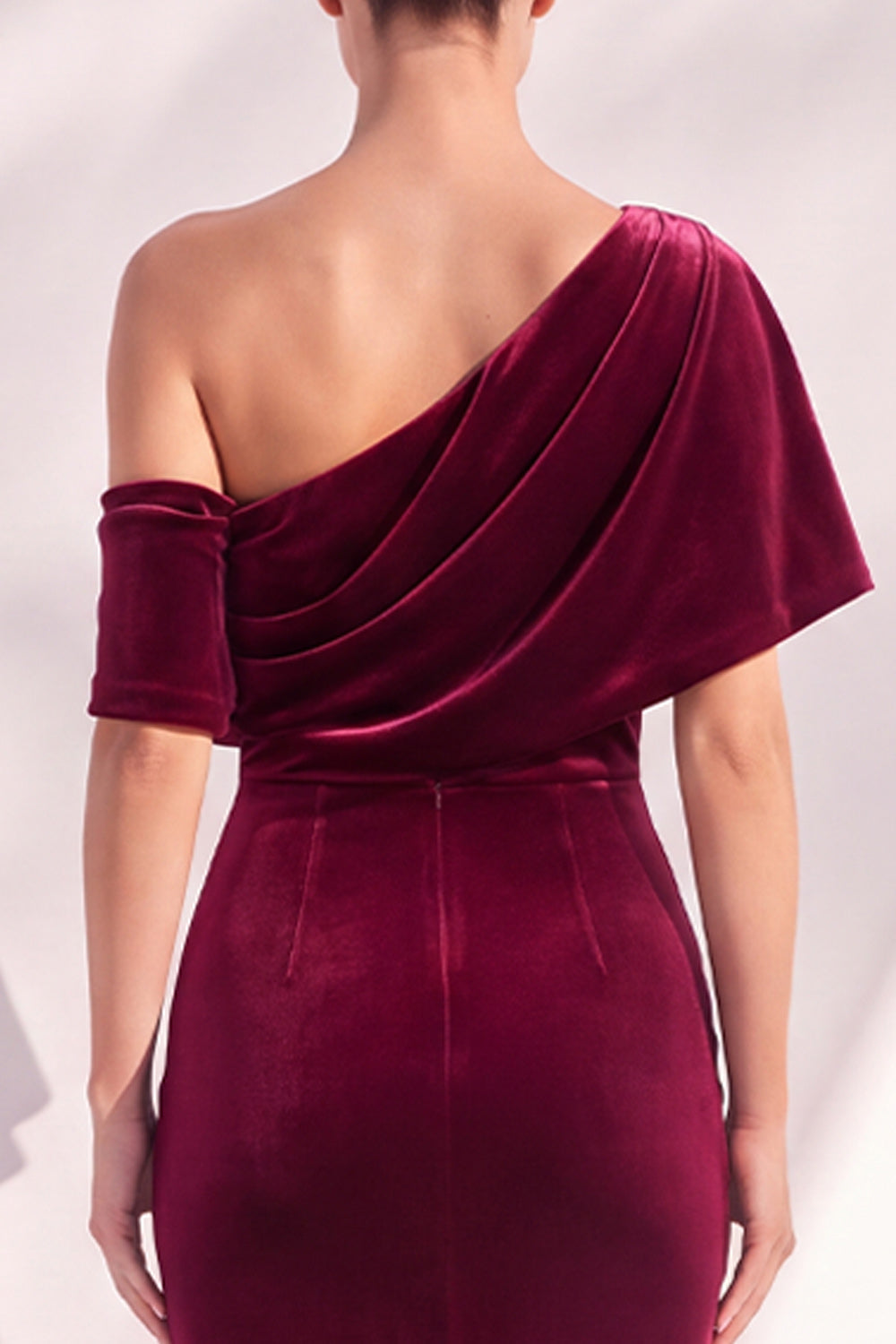Burgundy Mermaid Velvet One Shoulder Long Formal Dress with Sleeves