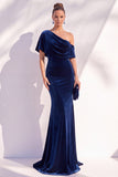 Burgundy Mermaid Velvet One Shoulder Long Formal Dress with Sleeves