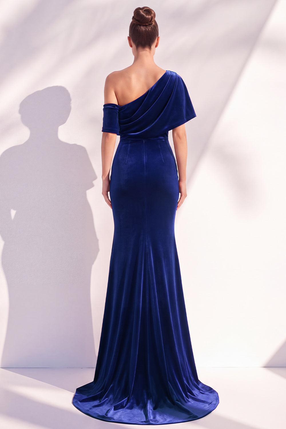 Burgundy Mermaid Velvet One Shoulder Long Formal Dress with Sleeves
