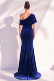 Burgundy Mermaid Velvet One Shoulder Long Formal Dress with Sleeves