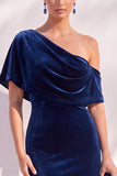 Burgundy Mermaid Velvet One Shoulder Long Formal Dress with Sleeves