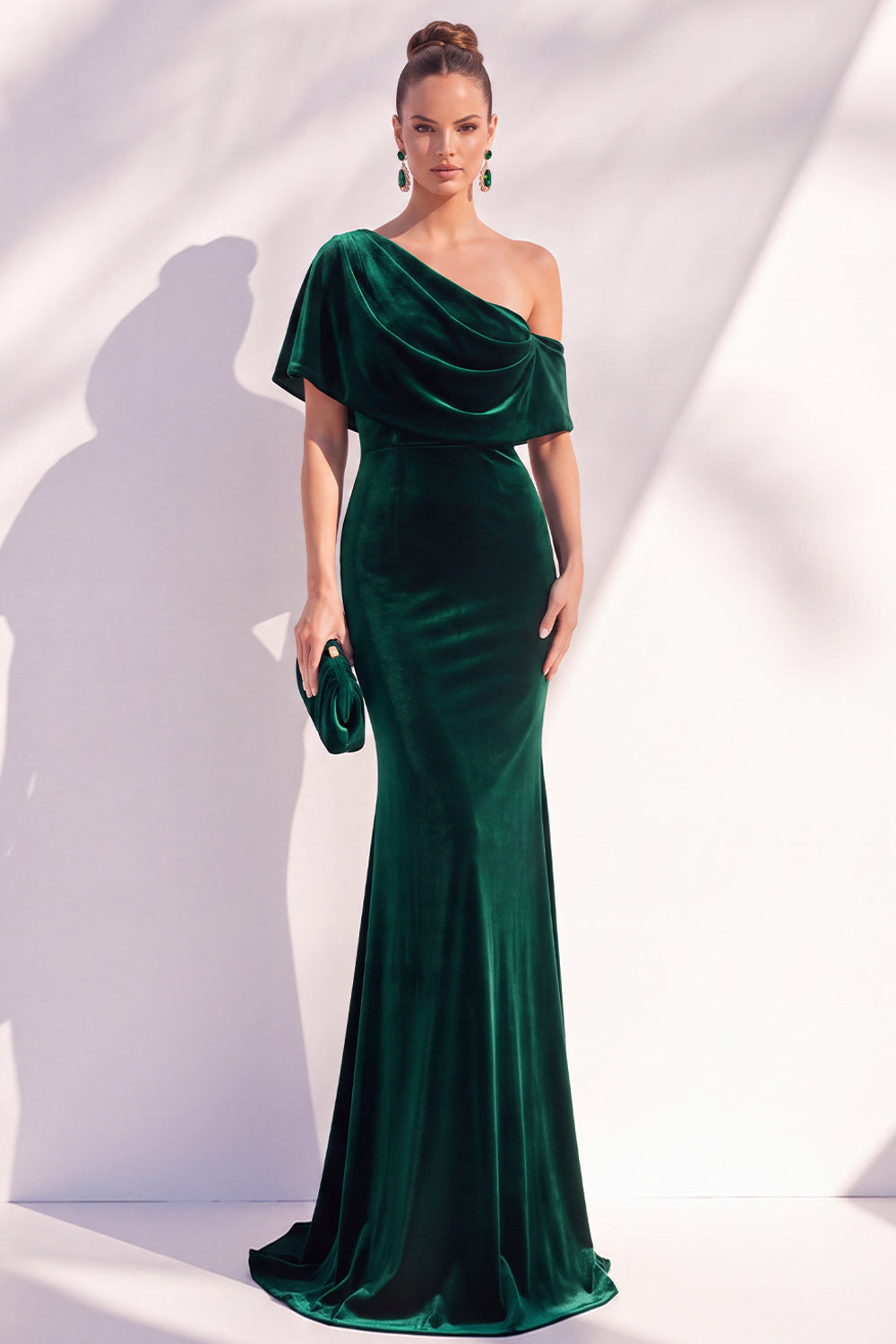 Burgundy Mermaid Velvet One Shoulder Long Formal Dress with Sleeves