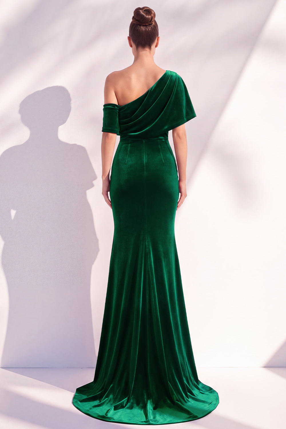 Burgundy Mermaid Velvet One Shoulder Long Formal Dress with Sleeves