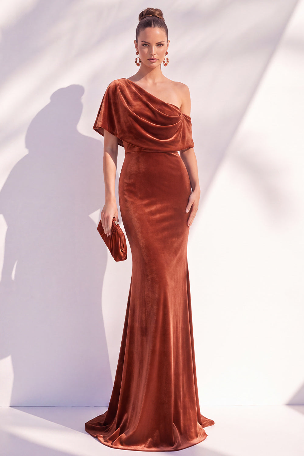 Burgundy Mermaid Velvet One Shoulder Long Formal Dress with Sleeves