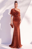 Burgundy Mermaid Velvet One Shoulder Long Formal Dress with Sleeves