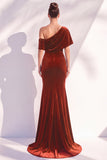 Burgundy Mermaid Velvet One Shoulder Long Formal Dress with Sleeves