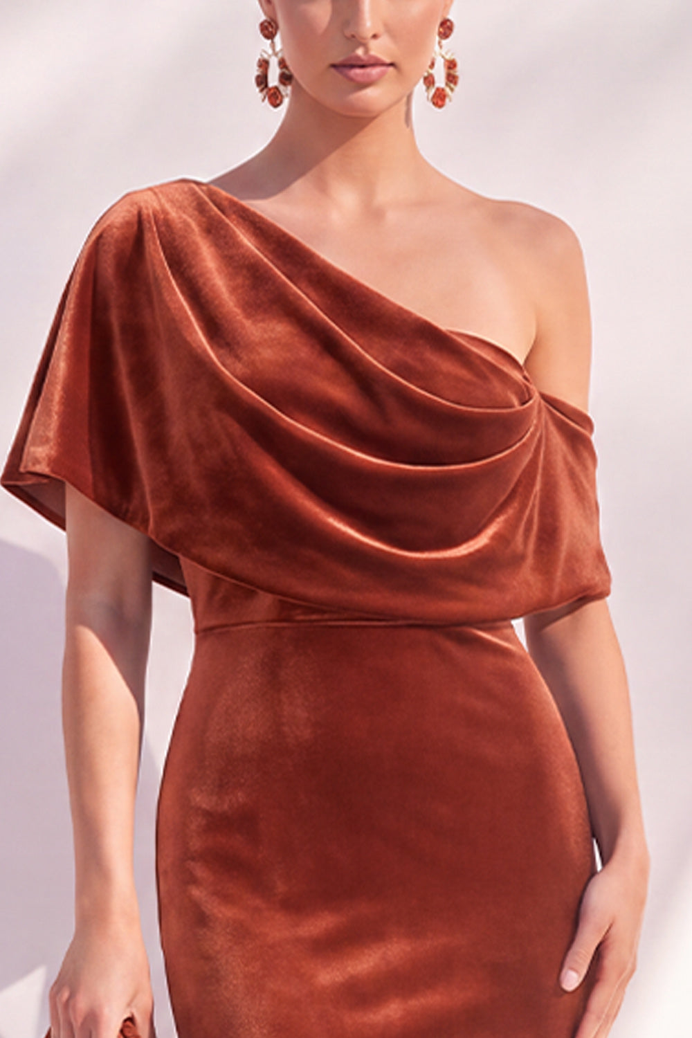 Burgundy Mermaid Velvet One Shoulder Long Formal Dress with Sleeves