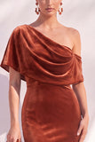 Burgundy Mermaid Velvet One Shoulder Long Formal Dress with Sleeves