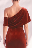 Burgundy Mermaid Velvet One Shoulder Long Formal Dress with Sleeves