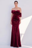 Burgundy Mermaid Ruched Velvet Off The Shoulder Long Formal Dress