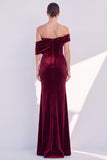 Burgundy Mermaid Ruched Velvet Off The Shoulder Long Formal Dress