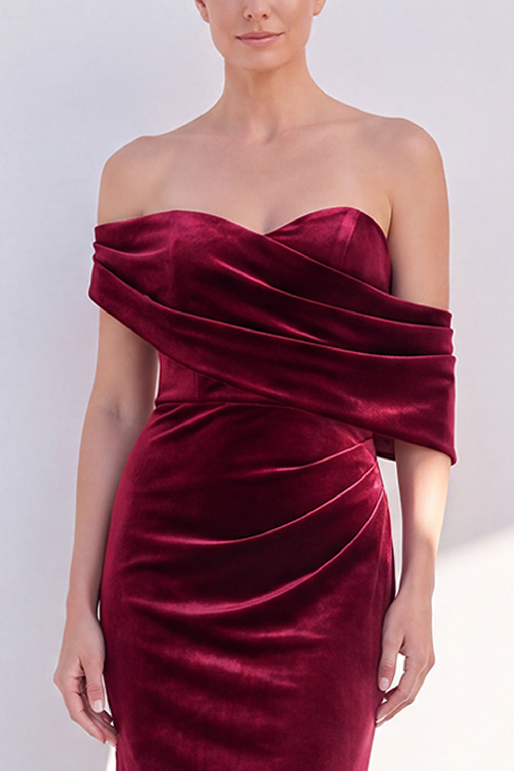 Burgundy Mermaid Ruched Velvet Off The Shoulder Long Formal Dress