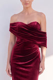 Burgundy Mermaid Ruched Velvet Off The Shoulder Long Formal Dress