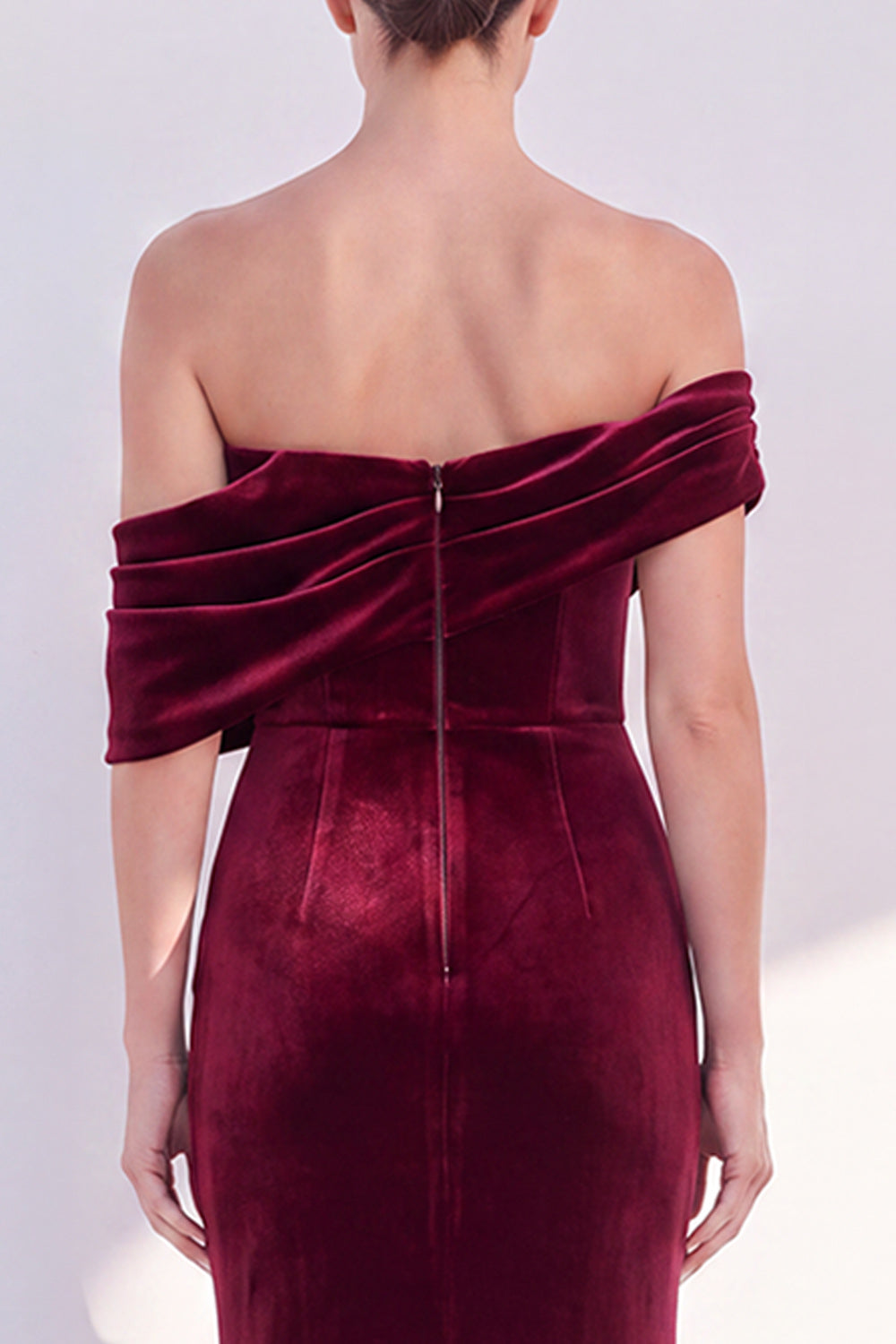 Burgundy Mermaid Ruched Velvet Off The Shoulder Long Formal Dress