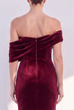 Burgundy Mermaid Ruched Velvet Off The Shoulder Long Formal Dress