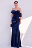 Burgundy Mermaid Ruched Velvet Off The Shoulder Long Formal Dress