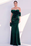 Burgundy Mermaid Ruched Velvet Off The Shoulder Long Formal Dress