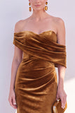 Burgundy Mermaid Ruched Velvet Off The Shoulder Long Formal Dress