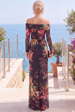 Black Red Flower Sheath Ruched Long Sleeves Formal Dress with Slit